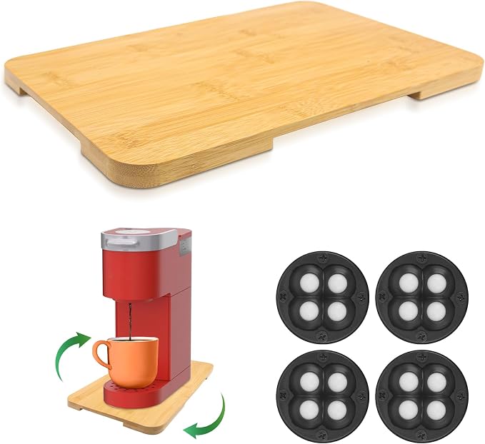 360° Rolling Tray Bamboo Appliance Slider for Kitchen Appliances | Kitchen Appliances Sliding Tray for Coffee Maker Appliances Mat Easily from Under The Cabinet Natural(13.9"×9.4")