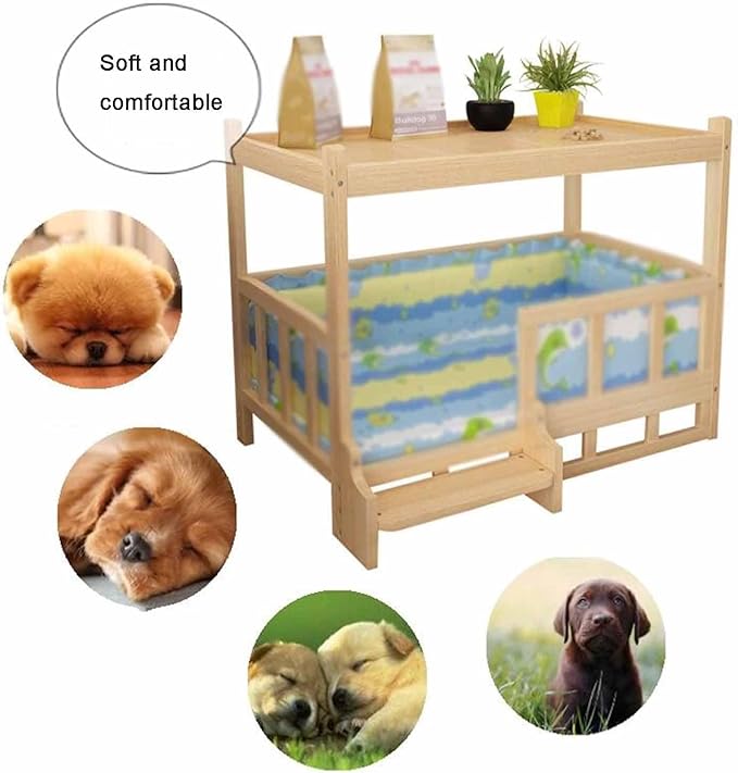 XPLKQXE Dog Bed Wood Platform, Elevated Pet Cushion Bed, Animal Couch with Mattress, Dog Beds & Furniture Rest Cot, Portable Fence Bed Pet Up to 45kg/100lbs(Color:Blue,Size:60x45x65cm)