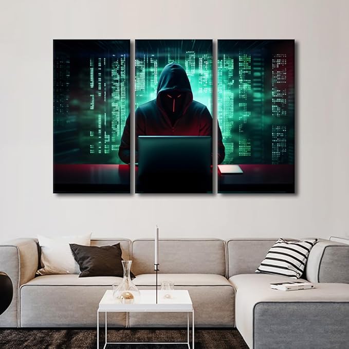 TUMOVO AI Big Data Wall Art Prints on Canvas Hacker Malware Wall Pictures Modern Decor for Home Walls 3 Pieces Canvas Wall Art Hacker Paintings Wall Decor Giclee Artwork Ready to Hang, 60" Wx40 H