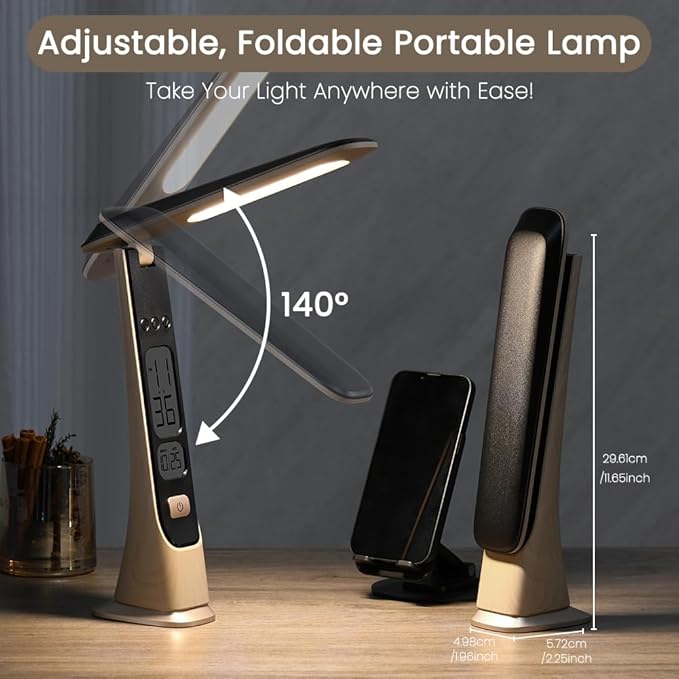 WILIT Rechargeable Lamps Cordless Table Lamp, Foldable Portable Desk Lamp, Battery Operated Lights with Stepless Brightness&Time Display for Home Office, Book Lights, Desk Accesories, Tea White