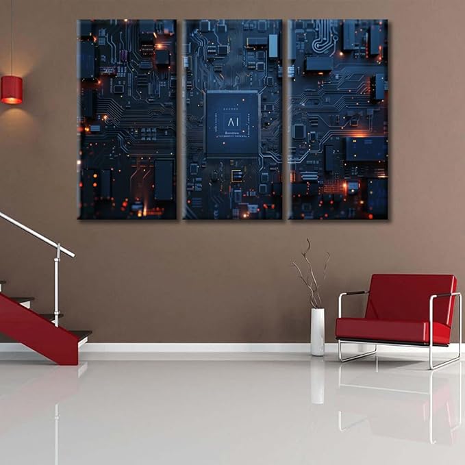 Motherboard Digital Chip Wall Art Large Artificial Intelligence Concept Pictures Print on Canvas AI Advanced Circuitry Modern Home Decor Framed for Office Ready to Hang 60"Wx40"H