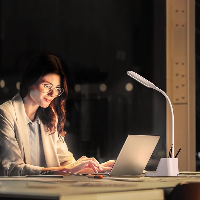 AXX White LED Desk Lamp with USB Charging Port, Study Table Light | for College Dorm Room, Home Office Bedroom Essentials, 650LM, Flexible Gooseneck, Phone Mount, Pen Holder, Timer Settings