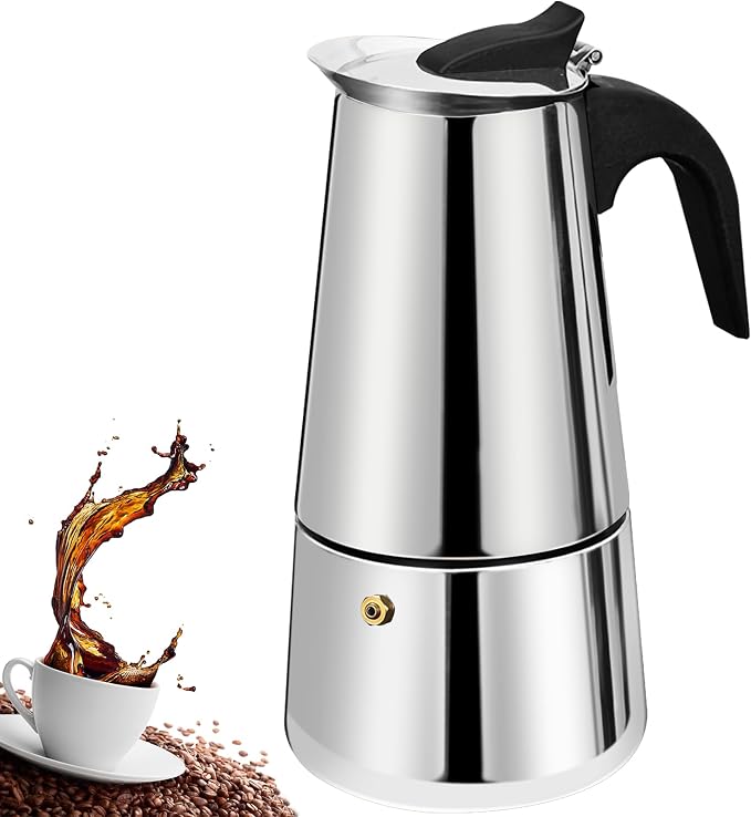 4 Cup Stovetop Espresso Maker Stainless Steel Moka Pot Stove Top Percolator Italian Coffee Makers Capable Mocha Greca Machine Cafe Classic Induction Cookers for Home and Camping 200ml 6.6oz