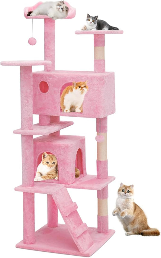 Athena Collection Cat Tree - 62" Multi-Level Cat Climbing Tower with 2 Cat Condo & Scratching Post