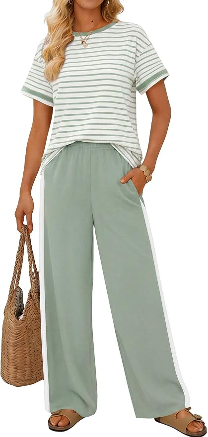 Sampeel 2 Piece Sets for Women Matching Sets Summer Outfits Resort Wear Short Sleeve Lounge Set Wide Leg Pants with Pockets