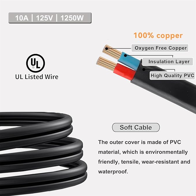 Extension Cord Splitter,1.64FT Short Extension Cord,2 Prong Flat Plug,Power Y-Splitter Cable Right Angled Polarized Plug for Christmas Lights,Home Decor,Office,Black