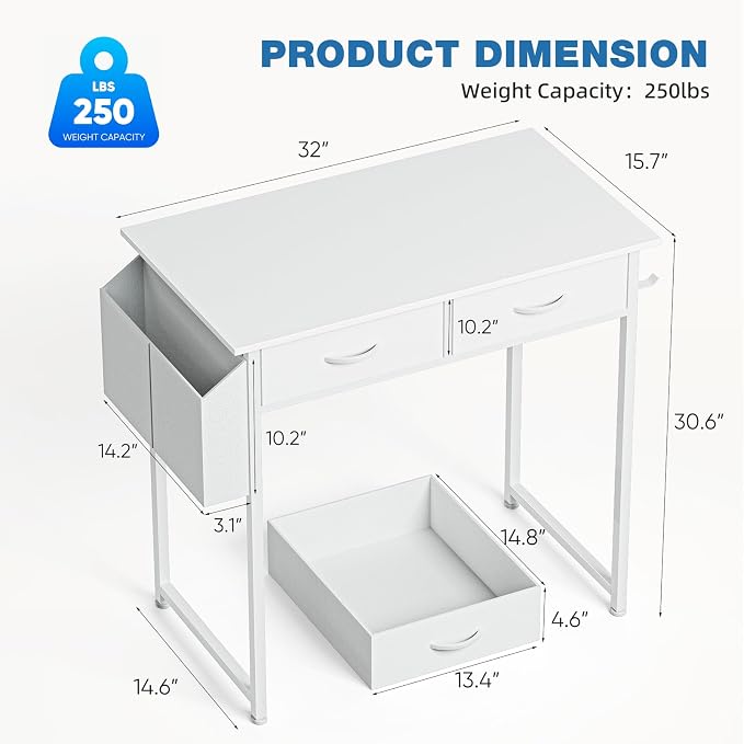 OLIXIS 32 Inch Small Desk, Computer Desk, Home Office | Fabric Drawers, Side Bag, Headphone Hook, Writing Study Work Table, Bedroom, Natural White