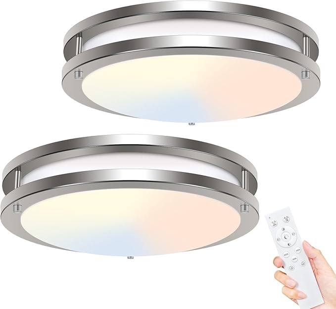 hepside 2Pack Flush Mount LED Ceiling Light with Remote, Dimmable& 3000K-6500K Adjustable Ceiling Light Fixture, Timer, Night Light, 13 inch Brushed Nickel Ceiling Lamps for Kitchen Bathroom Bedroom