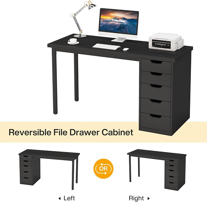 Tribesigns Computer Desk with 5 Drawers, 47 inches Rustic Brown Home Office Desk with Storage, Modern Simple Laptop Desk Study Writing Table for Small Spaces (1, Black)