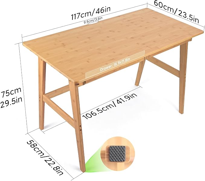 Nnewvante Writing Computer Desk 46" Bamboo Home Office Table with 2 Drawers, Modern Furniture Simple Study Makeup Workstation | Work Study Laptop Table for Bedroom, Modern Simple Style