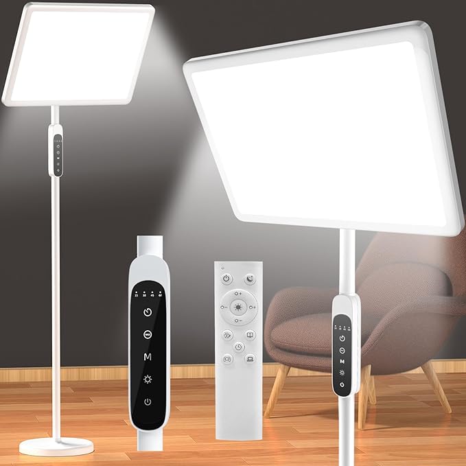 12,000 Lux Light Therapy Lamp, Full Spectrum Sunlight Lamp, UV-Free Sun Lamp with Remote Control/4 Color Temp/5 Brightness/4 Timer, 3 Height Adjustable Floor Lamp for Home Office, Living Room, Bedroom