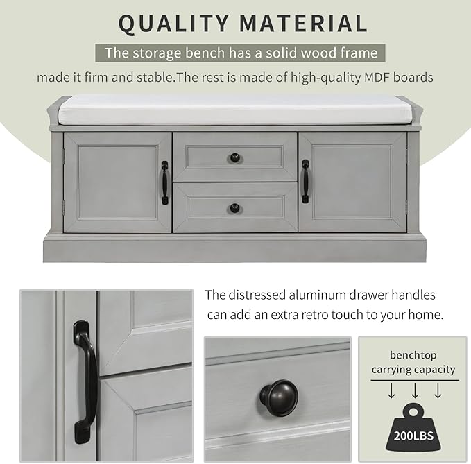 Merax Classic Wood Shoe Storage Bench with Drawers and Seat Cushion for Entryway Hallway Front Door Gray Wash