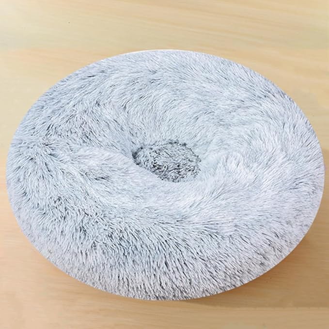 Donut Dog Bed Cat Bed, 20 Inch Round Fluffy Dog Beds for Small Dogs and Cats, Anti-Anxiety Donut Dogs Cuddler Bed, Washable Pet Bed for Medium Cats (Grey White)