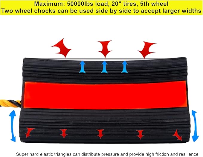 Wheel Chocks Rubber Heavy Duty Trailer Wheel Chocks with Red Reflective Visibility Tape and Yellow Nylon Rope 8.27" x 4.53" x 3.94" (Comes with Spare Red Reflective Strip)