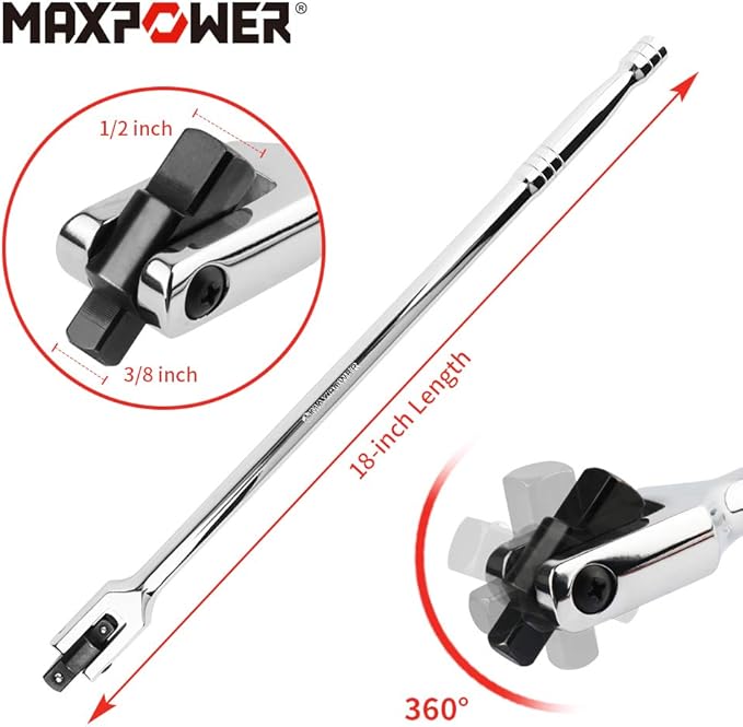 MAXPOWER Dual drive Breaker Bar 1/2" and 3/8", 18 inch Long, Flex Handle for Breaks Loose Fasteners, Cr-V Steel, 360-degree Rotating, Comforable Grips Handle