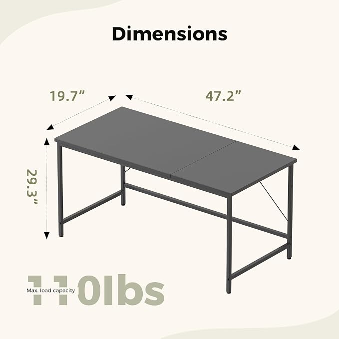 Mericonia 48x20 Inch Computer Desk, 0.6" Thick Small Office Table | Modern Simple Style, Small Study & Writing Table for Home Bedroom Work, Black