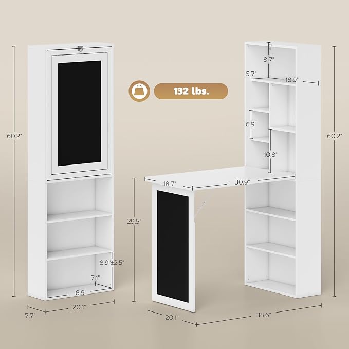 HOMCOM Foldable Convertible Writing Table Space-Saving Computer Desk White | Wall Mounted Design, Chalkboard, Storage Shelves, for Small Spaces, Home Office, Bedroom, Dorm, Apartment