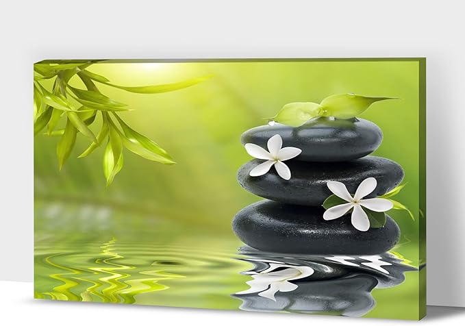GUTTATY Zen Wall Art Decor, Modern Bathroom Zen Decor Wall Art, Canvas Wall Art for SPA Zen Room Decor, Green Bamboo Leaves and Pebble Relaxing Zen Art Prints for Office & SPA Wall Decor 18x24 Inches