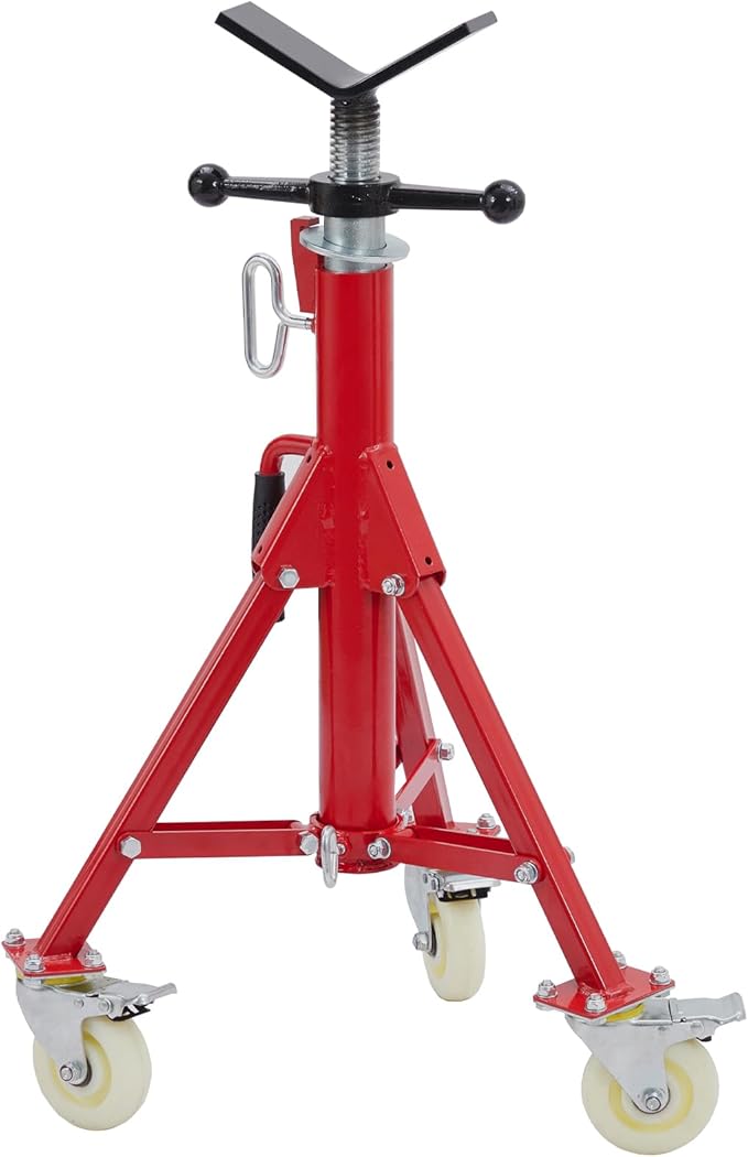 Towallmark V-Head Pipe Jack Stand with Casters, 28-52 Inch Adjustable Height,1/8"-12" Capacity, 2500 lb Load Capacity,Heavy Duty Carbon Steel Body, Steel Jack Stands with Portable Folding Legs