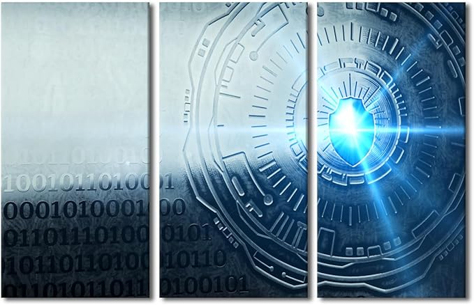 TUMOVO 3 Panel Canvas Wall Art A Key Formed from Binary Code Goes Into an Abstract Lock Posters and Prints, Cybersecurity Concept Artwork for Living Room Wall Decoration, Ready to Hang, 42" Wx28 H