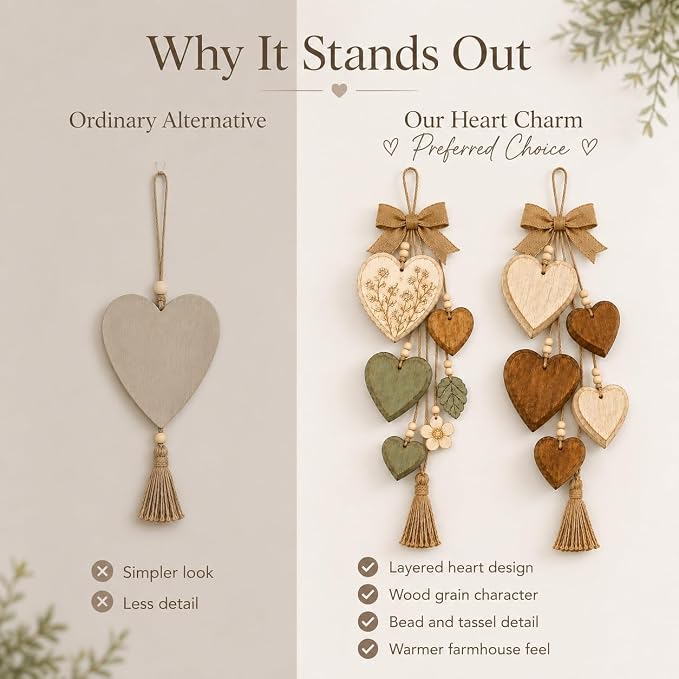 Rustic Solid Wood Heart Wall Hanging, Farmhouse Burlap Bow Decor with Distressed Wooden Hearts & Pendants, Romantic Art for Bedroom & Home Room, Vintage Charm Art Decor Signs(Sage Wildflower)