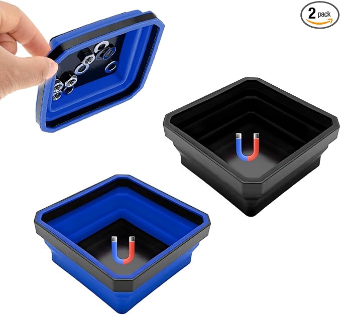 2PCS Collapsible Magnetic Parts Tray, 4.5" Square Silicone Tool Tray with Double-Sided Magnetic Base, Foldable Bowls Small Metal Parts Holder for Screws Bolts Nuts Washers (Black+Blue)