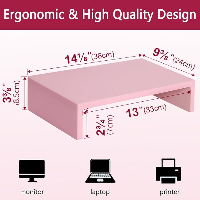 TEAMIX Pink Monitor Stand Riser, Wood Monitor Riser with Storage for Desk Small Monitor Stand TV/Screen/PC/Laptop Riser Computer Stand Desktop Shelf (Pink-14.2 inch)