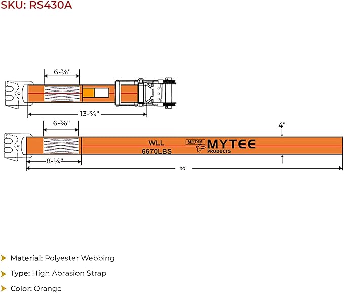 Mytee Products 4" x30' Heavy Duty Ratchet Straps w/Flat Hook - 6,667 lbs WLL High Abrasion Trailer Tie Down Ratchet Straps - Orange