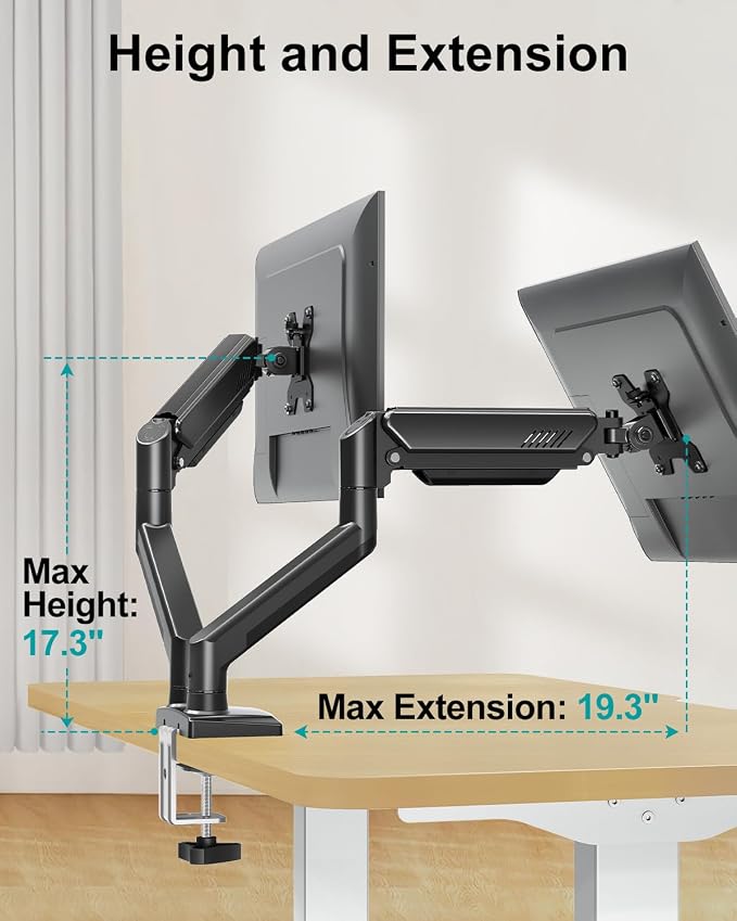 Dual Monitor Arm Desk Mount Fits 13 to 32 inch Computer Screens, Holds 4.4 to 22lbs Display VESA Mount, Adjustable Double Monitor Stand with Clamp/Grommet Base, 75/100mm Bracket, Black, Freelift