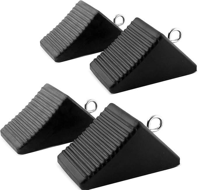 AFA Tooling - Set of 8 Wheel Chocks | Heavy Duty Rubber Wedge for Front and Back Tires | 4 Eyebolt, 4 Ergonomic Carry Handles | Chock Block for Your Camper, Trailer, RV, Truck, Car or ATV