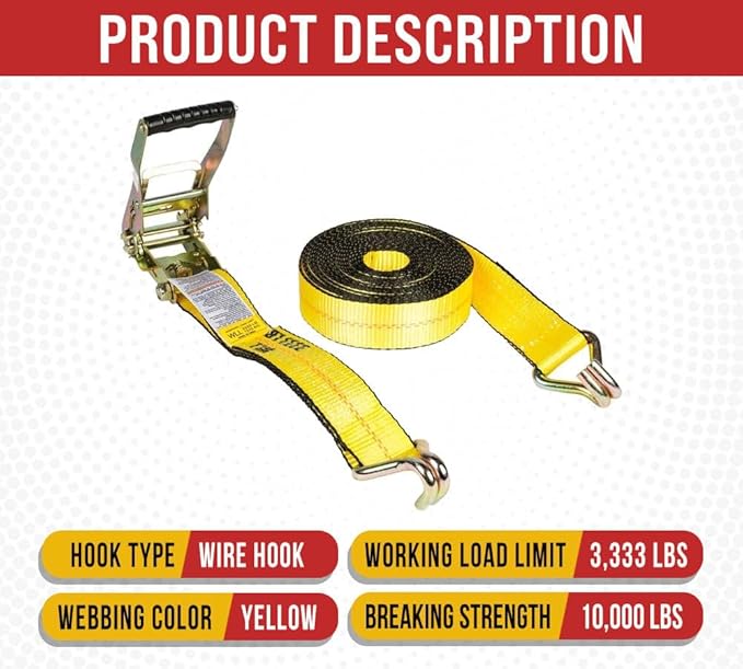 Mytee Products Ratchet Tie-Down Straps with Wire Hook, 2" x 30' Yellow Ratchet Strap | 10,000 Lbs Breaking Strength | Heavy Duty TieDown Ratchet Straps for Flatbed, Truck, Trailers Pickup (4 Pack)