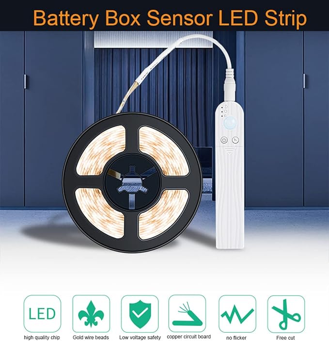 LED Under Cabinet LED Strip Motion Sensor,78.74inch,Indoor Battery Powered Bed Stairs Wardrobe Lamp Tape, Waterproof 5V LED Closet Smart Night Strip Light (2M, Cold White)