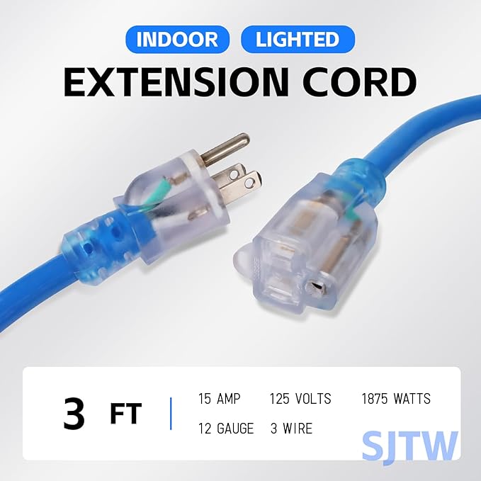 EP 3 Ft Outdoor Extension Cord, 12/3 SJTW Heavy Duty Waterproof Power Cable, 3 Prong Grounded Plug, Lighted End, for Lawn, Garden, Appliances, Blue