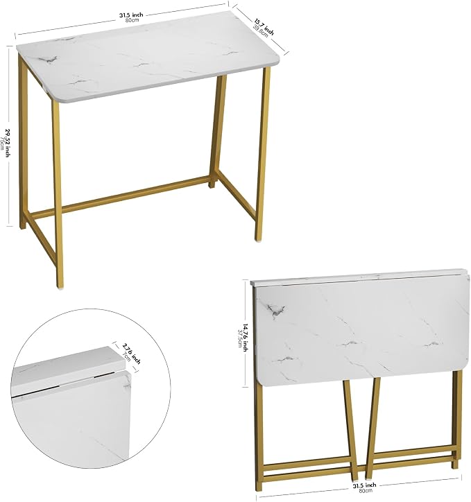 WOHOMO Folding Desk, 31.5" Foldable Computer Table for Small Spaces, Gold | Easy Assembly and Fold, Sturdy Home office desks for Study Bedroom Dorm Space Saving Writing Work Apartment
