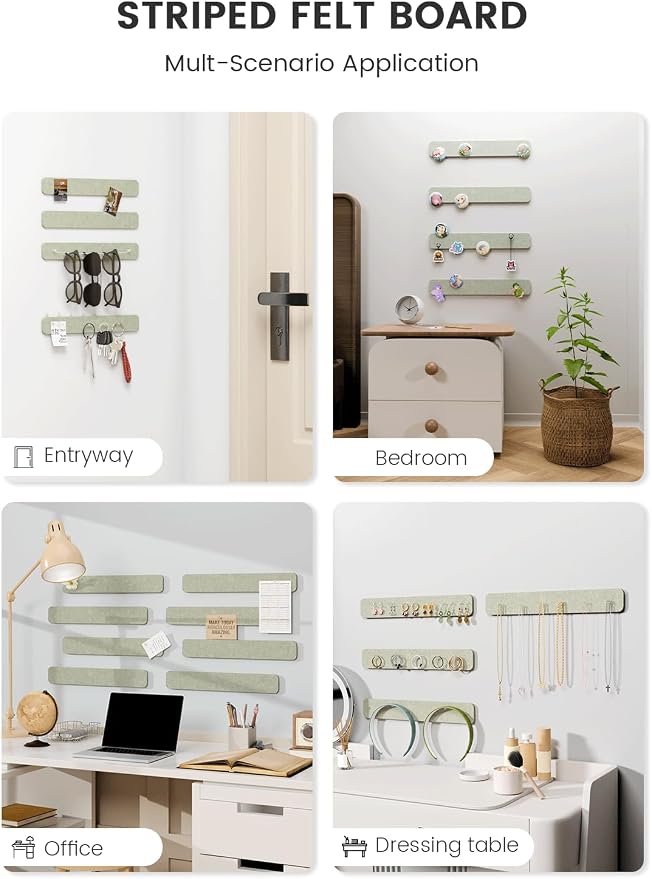 Fluxynara 13" x 2" Felt Wall Panels, Sage | 8-Pack Includes 50 Push Pins and Adhesive Tabs for Photos, Notes and Decor in Bedroom Doors, Home Office or Studios