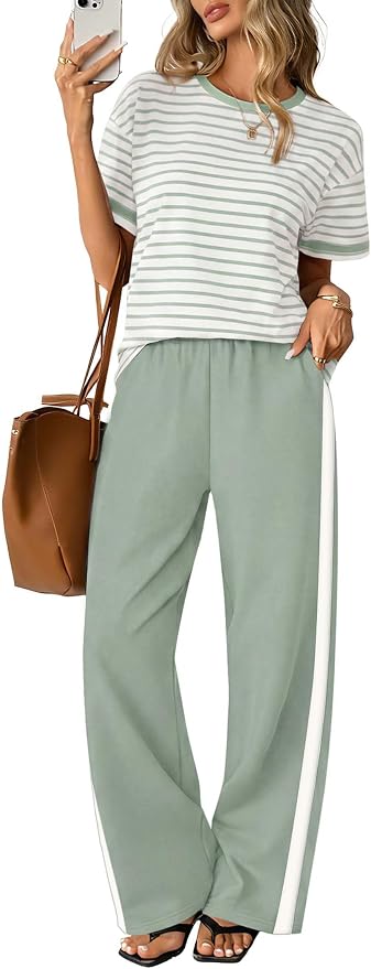 Sampeel 2 Piece Sets for Women Matching Sets Summer Outfits Resort Wear Short Sleeve Lounge Set Wide Leg Pants with Pockets