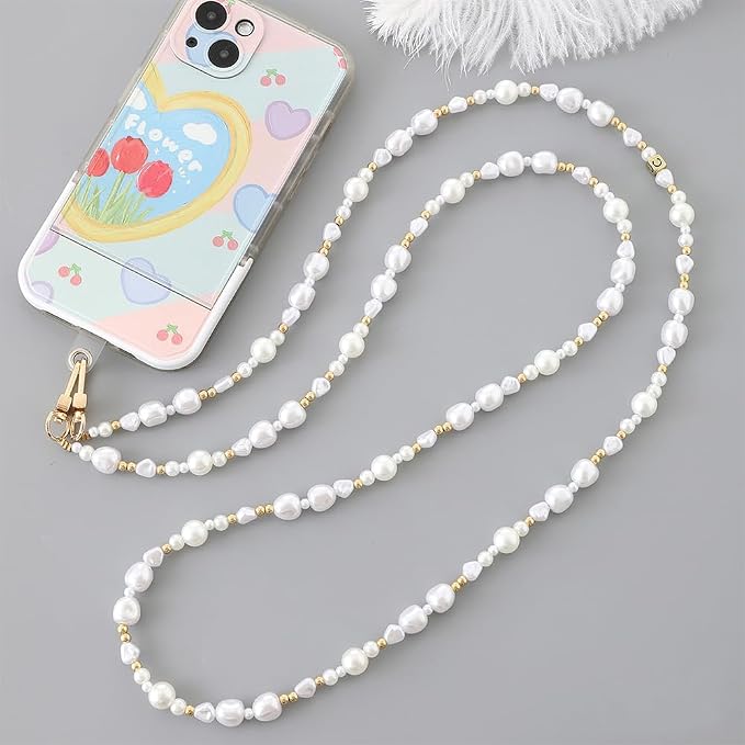 Phone Chain Crossbody Pearl Strap,Pearl Beaded Chain Shoulder Crossbody Lanyard with Phone Tether Patches Compatible with Most Phones Bag Purse(H)