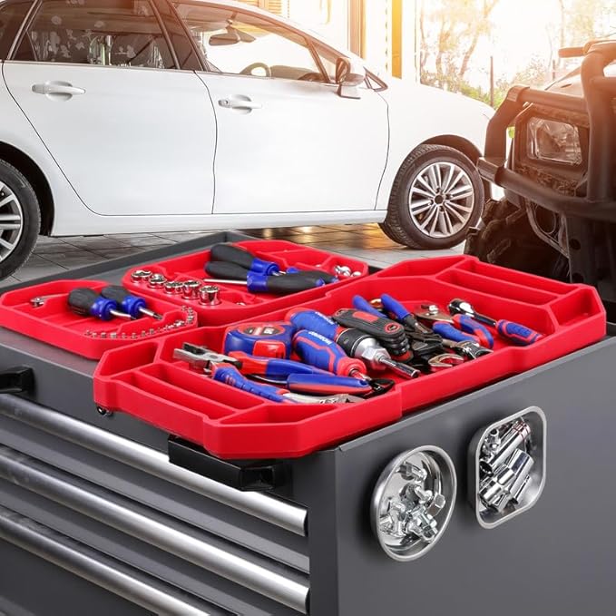 WORKPRO 5-Piece Non-Slip Tool Tray Set, 3-Piece Silicone Flexible Tools Organizers and 2-Piece Magnetic Parts Tool Tray, Tool Mat, Tool Holder, Tool Storage (Only Parts Tray Magnetic)