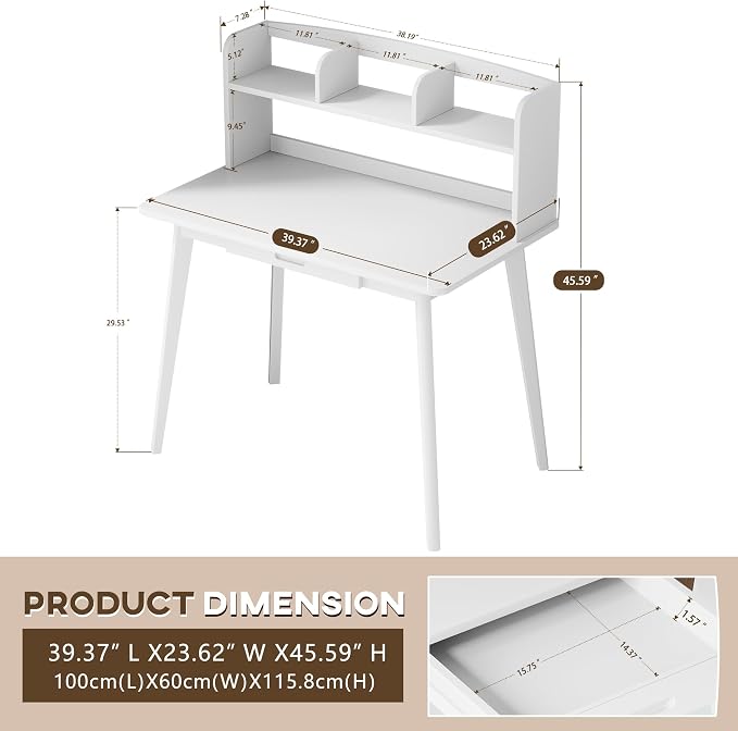 IOTXY Small Writing Desk with Hutch - 39.4" Work Computer Study Table | White , Storage Drawer, Space-saving for Home and Office, with Bookshelves
