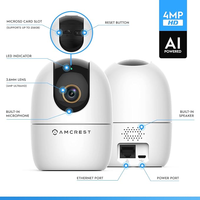 Amcrest 4MP WiFi Camera Indoor Camera, Sound & Baby Monitor, Human & Pet Detection, Motion-Tracking, w/ 2-Way Audio, Phone App, Pan/Tilt Wireless IP, Night Vision, Smart Home ASH41-W