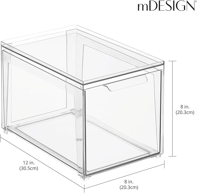 mDesign Plastic Stackable Closet Storage Organizer Bins with Pull Out Drawer for Cabinet, Desk, Shelf, Cupboard, or Dresser Organization - Lumiere Collection - 4 Pack - Clear