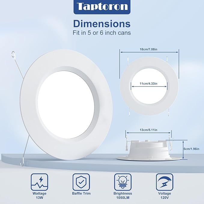 Recessed Lighting 5/6 Inch Color Changing LED Can Lights for Ceiling, 13W 1050LM Retrofit Recessed Lights with Baffle Trim, RGBCW Downlight Dimmable by Remote Control, Memory, Delayed Off, 1 Pack