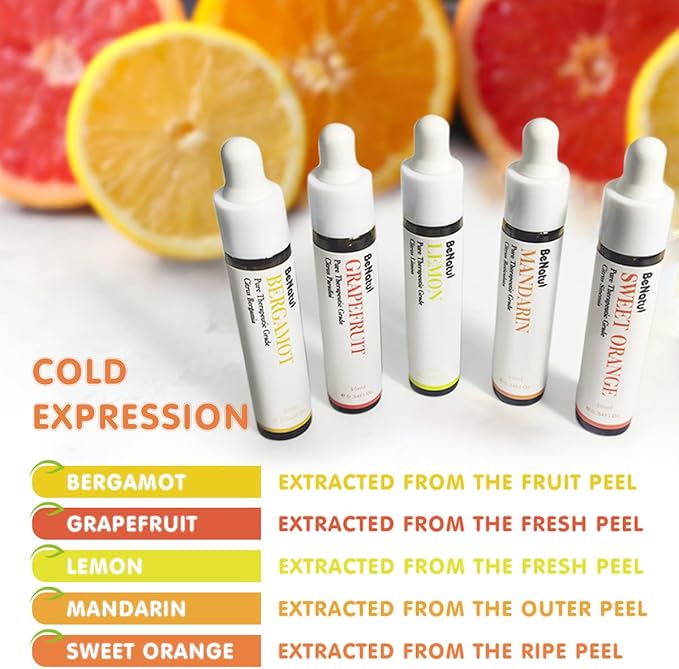 Citrus Essential Oil Set for Diffuser, Natural Fruity Fragrance Blends Gift for Home, Fresh Scent Aromatherapy Oils (Lemon, Sweet Orange, Grapefruit, Bergamot, Mandarin) 5 Packs