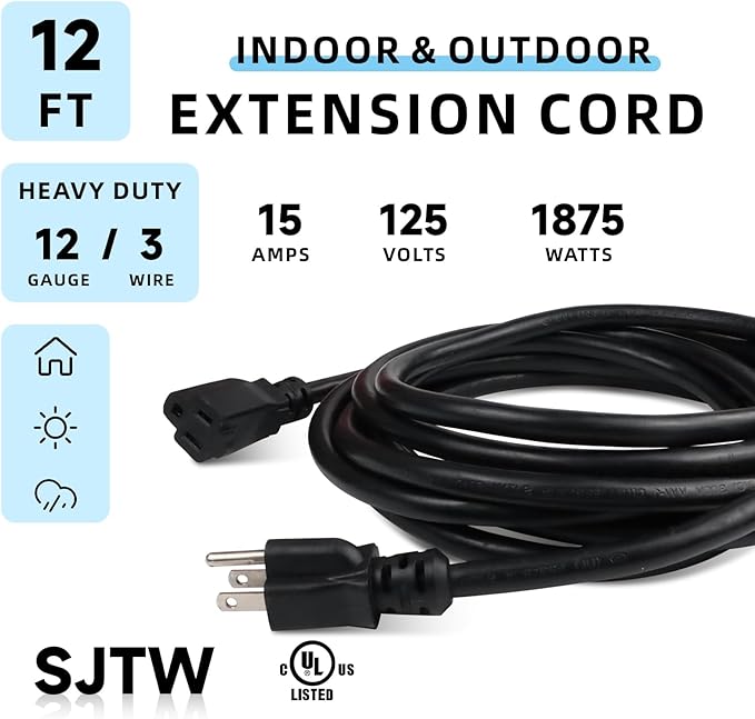 EP 12/3 12 FT Indoor Outdoor Black Extension Cord Waterproof, 12 Gauge 3 Prong Power Cord Flexible Resistant Appliance Extension Cable Electric Cable Outside, 15A 1875W 12AWG SJTW, ETL Listed