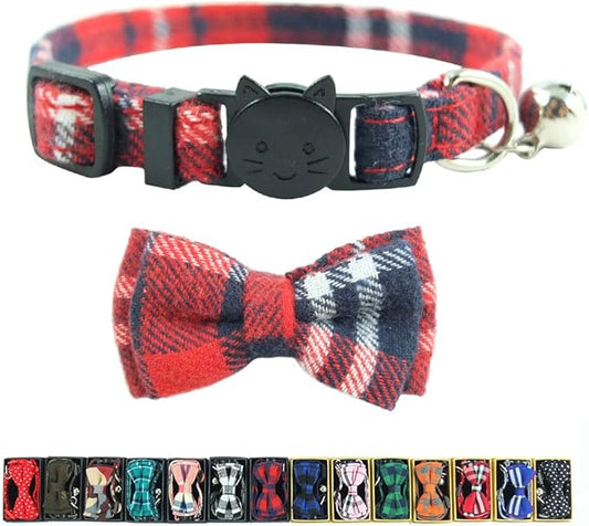 Cat Collar Breakaway with Bell and Bow Tie, Plaid Design Adjustable Safety Kitty Kitten Collars(6.8-10.8in)(Red Plaid 3)