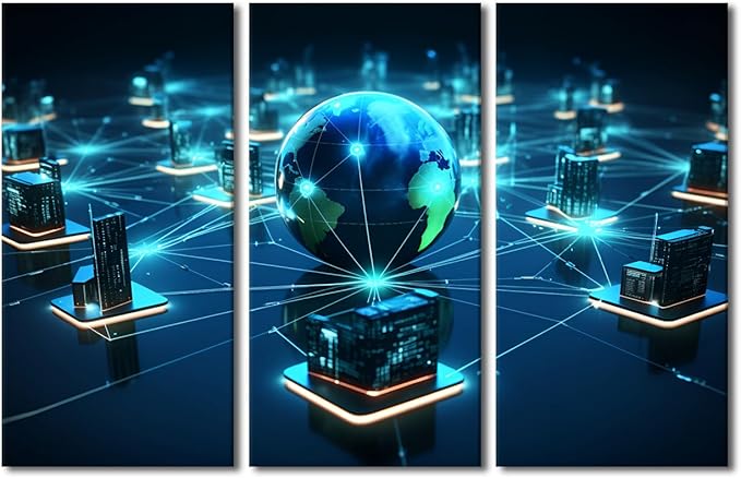3 Panel Concepts Wall Art Centralized Network Architecture Pictures Print on Canvas for Home Hotel Office Wall Decorative, Wooden Framed Gallery-Wrapped Ready to Hang, 60" Wx40 H