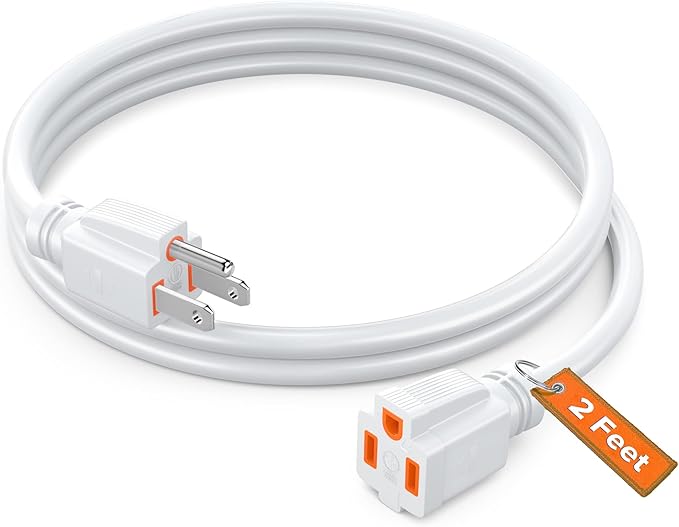 Maximm Extension Cord 2 Ft White Power Cords Indoor 16 Gauge Wire SJTW Heavy Duty ETL Listed (2Ft, White with Orange Indicators)