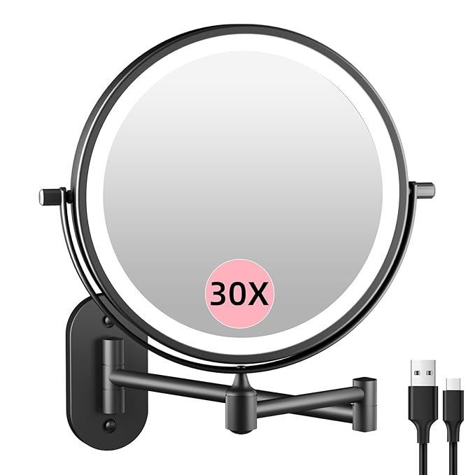 FUNTOUCH Rechargeable Wall Mounted Lighted Makeup Vanity Mirror 8 Inch Double Sided 1X 30X Magnifying Bathroom Mirror, 3 Color Lighting, Touch Dimming, Extended Arm 360 Rotation Light up Mirror Black