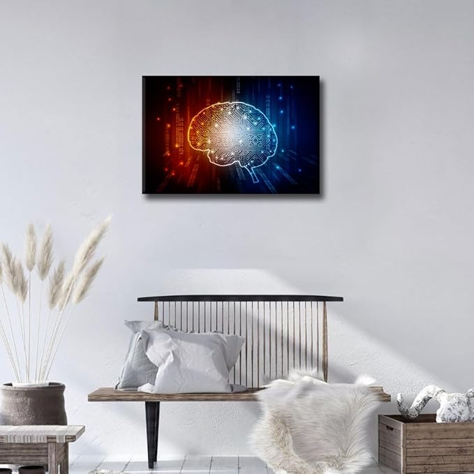 TUMOVO Artificial Intelligence Brain Wall Art Painting on Canvas Red Blue Bedroom Wall Art Modern Home Decor Digital Technology House Decorations for Living Room Stretched Frame, 18x12in