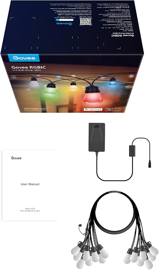 Govee Smart Outdoor String Lights H7015, 48ft RGBIC Outdoor Lights with 15 Dimmable LED Bulbs, IP65 Waterproof, Color Changing Warm White Lights with 47 Scene Modes for Patio, Backyard, App Control | 15 Dimmable LED Bulbs Outdoor Lights with Color Chan...